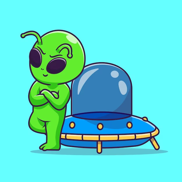 Funny Alien Cartoon Posing With Cute Spaceship