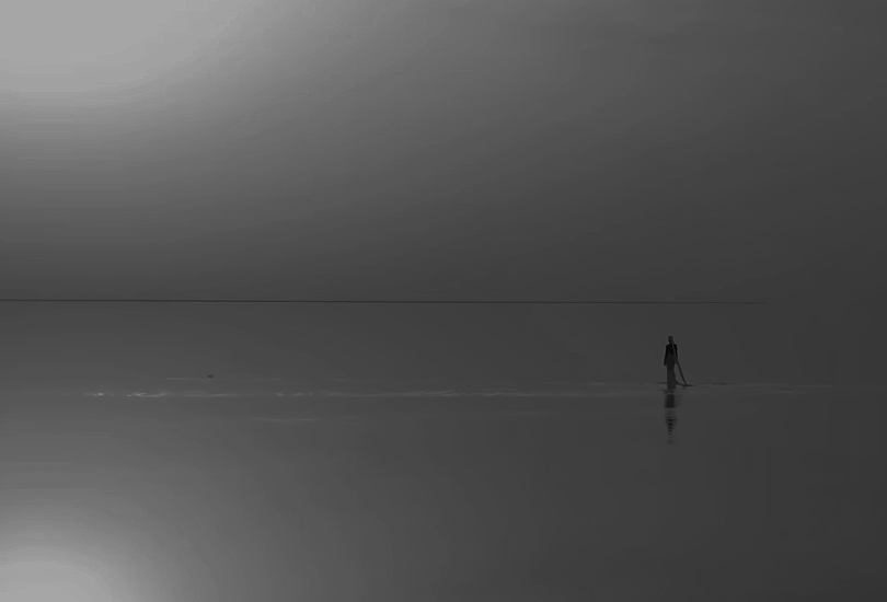 A desaturated screenshot of Kelela from her music video for "Washed Away". Featuring a shot of her walking across a salt lake at the Danakil Depression, in a white dress and a headwrap with a long train.