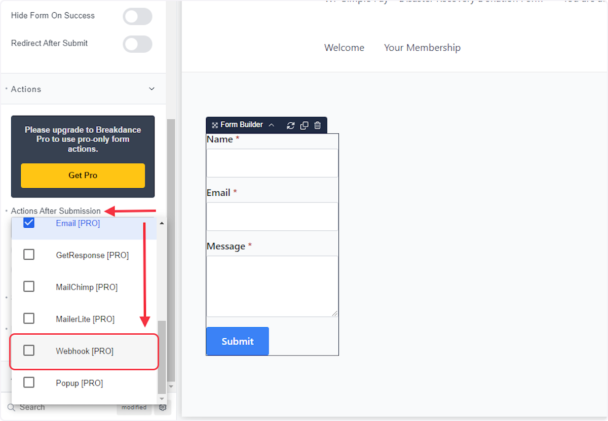 Now, select the 'Webhook' option from the 'Actions After Submission' dropdown menu.