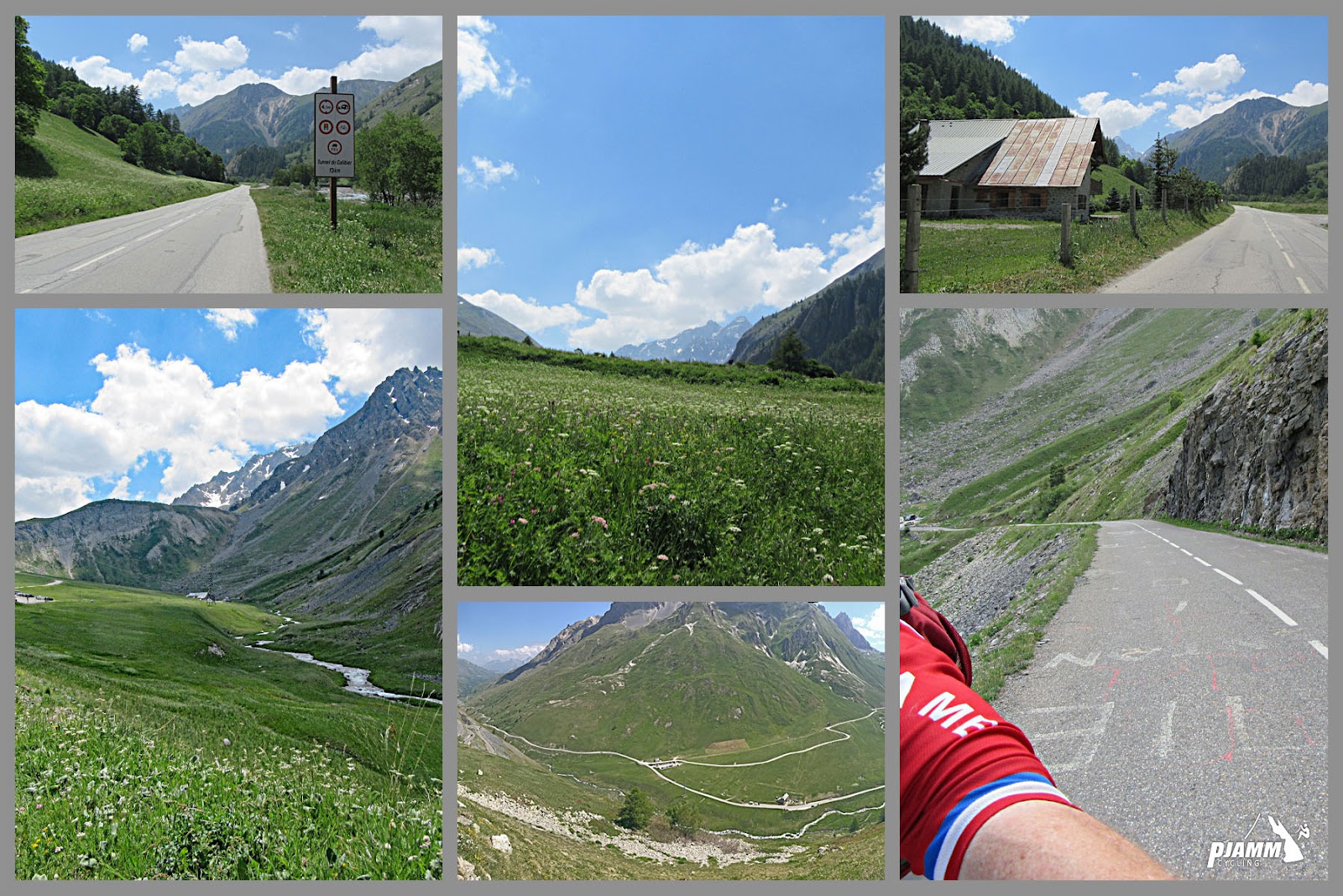 Cycling Col du Galibier from Valloire: photo collage; scenic and pastoral French Alps landscape, blue sky, white clouds, green grass with yellow wildflowers