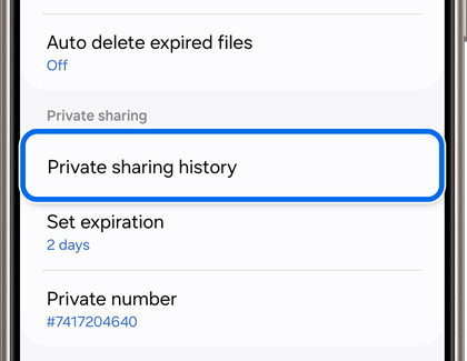 Private sharing history highlighted under Private sharing