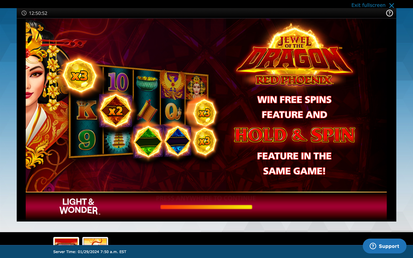 A screen shot of a resorts casino online year of the dragon slot game , jewel of the dragon red phoenix with a red background and a women wearing traditional clothes and the start of the game page 