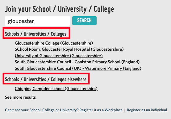 A screenshot highlighting the workplace search results for Love to Ride, highlighting the 'schools/ universities near me' and 'school / universities sections 