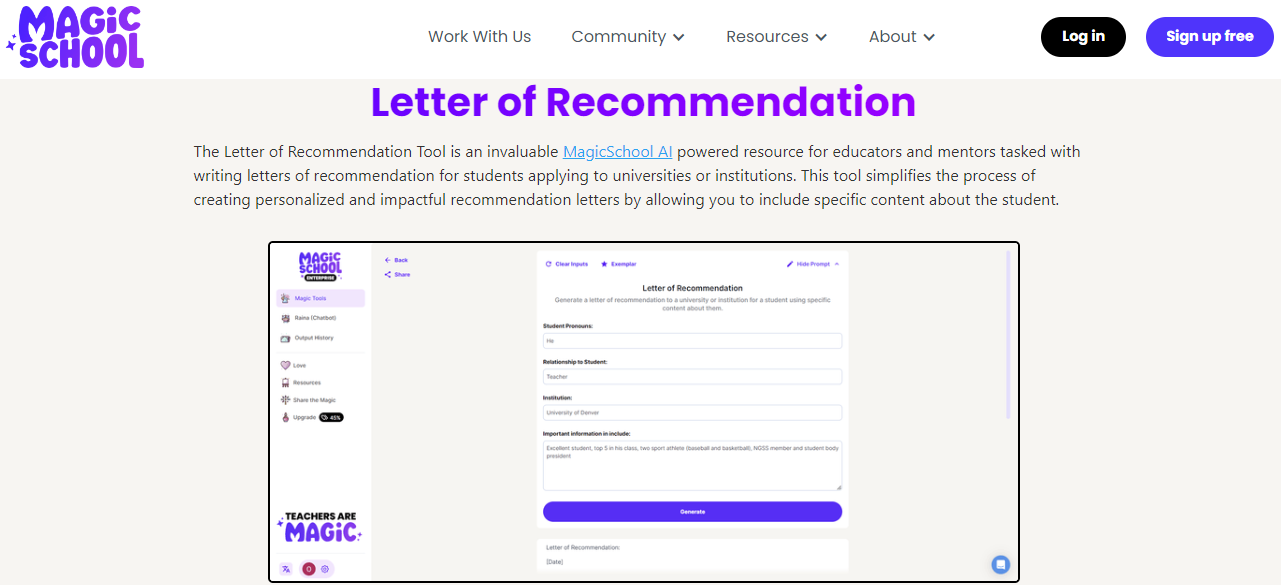 MagicSchool's Letter of Recommendation Tool