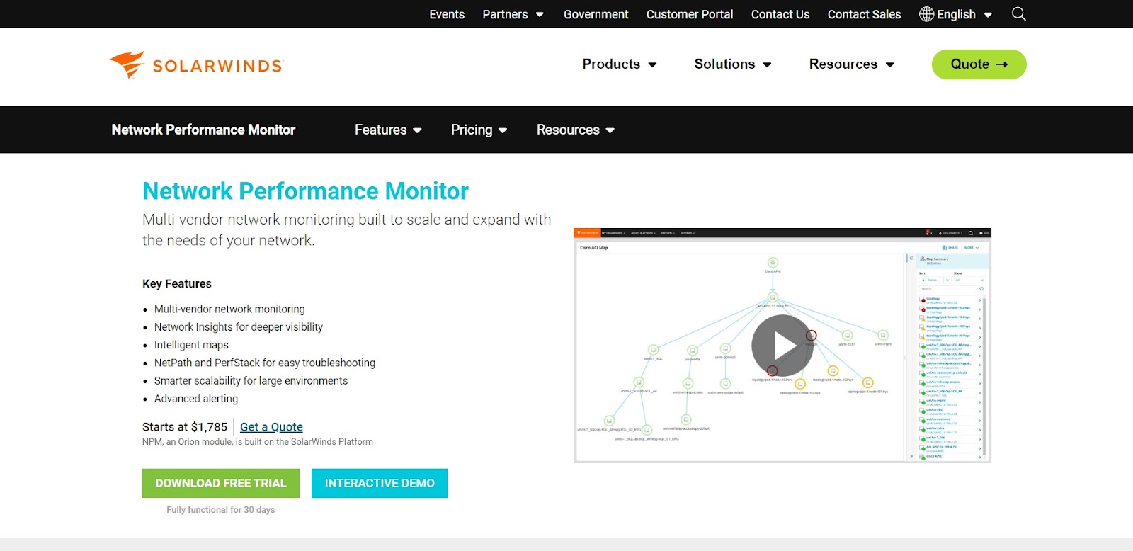 A screenshot of SolarWinds NPM's website