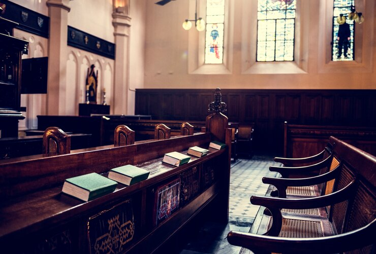 Imposing courtroom interior, symbolising the order and structure of law.