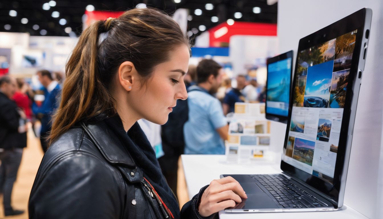 A person reviews exhibitor information on a tablet at a trade show.