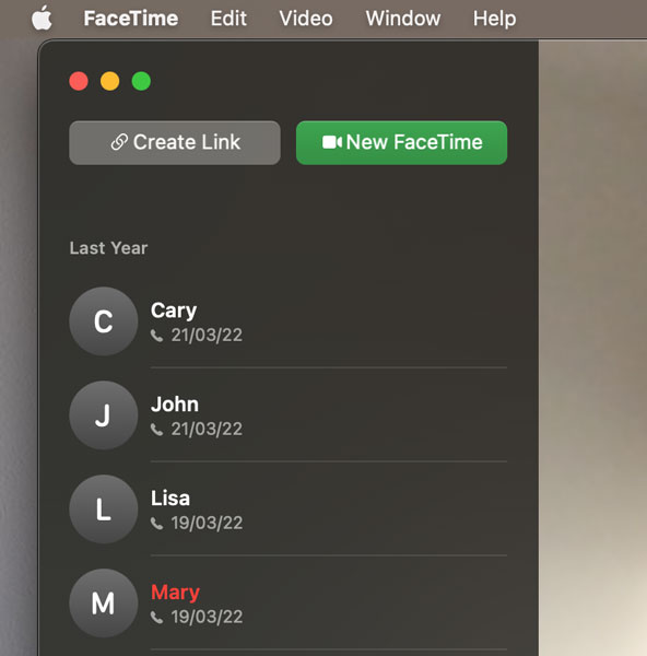 Select Contact on Mac to Initiate FaceTime Call