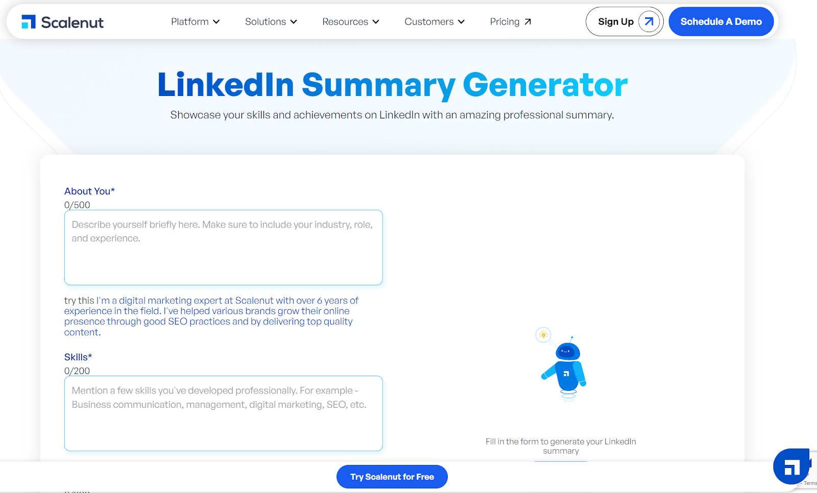 Scalenut LinkedIn summary generator