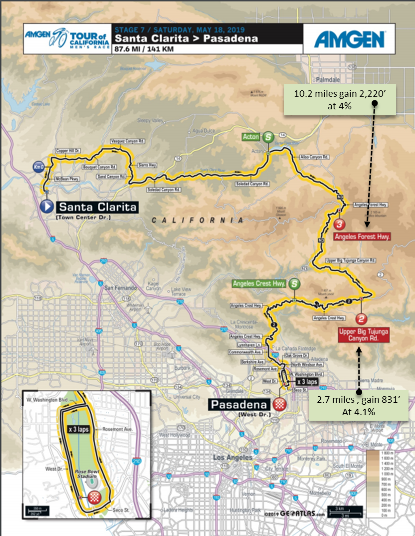 Amgen Tour of California - Map with bike climb details for May 18, 2019 Stage 7