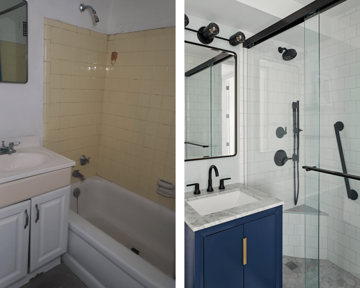 Before and after of a tub to shower conversion. The before was a dated tub with drab yellow tile. The after has a walk-in shower with grab bars, a bench, glass sliding doors, and matte black fixtures.