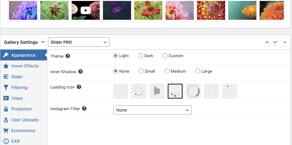 Example of settings available in FooGallery