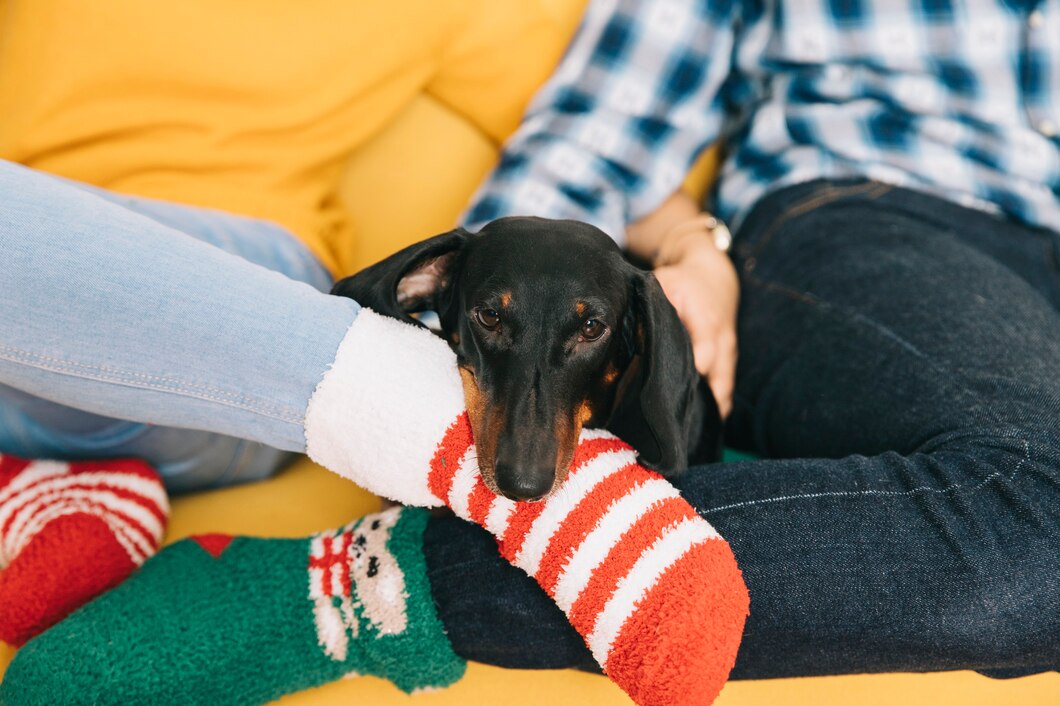 Dog between couple wearing christmas socks