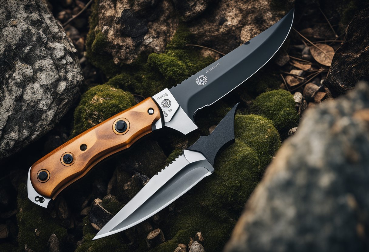 A bushcraft knife with a sturdy, non-slip handle and a sharp, straight-edged blade, lying against a backdrop of rugged, natural terrain