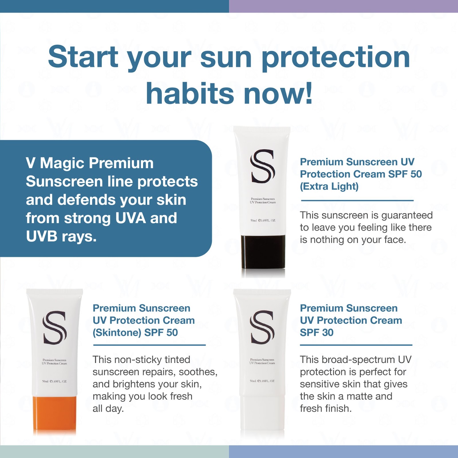 An image of V Magic’s different sunscreen products that protect and defend your skin from strong UVA and UVB rays to prevent wrinkles. 