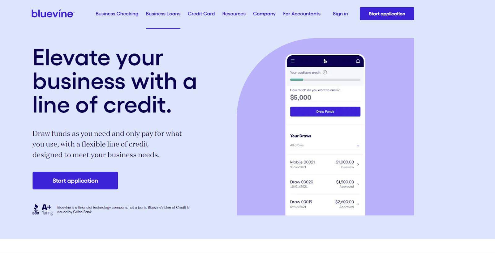 Starting screenshot of Bluevine business line of credit application