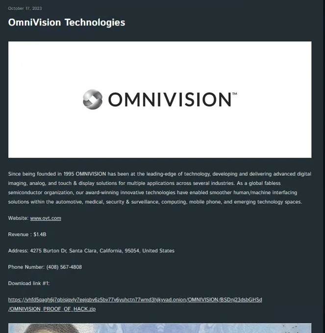 OmniVision Confirms Data Breach After Cactus Ransomware Attack In 2023