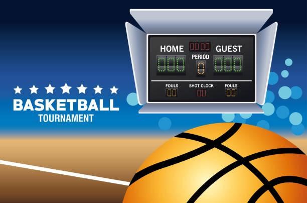basketball sport poster with court and scoreboard basketball sport poster with court and scoreboard vector illustration design NBA Score Update Apps stock illustrations