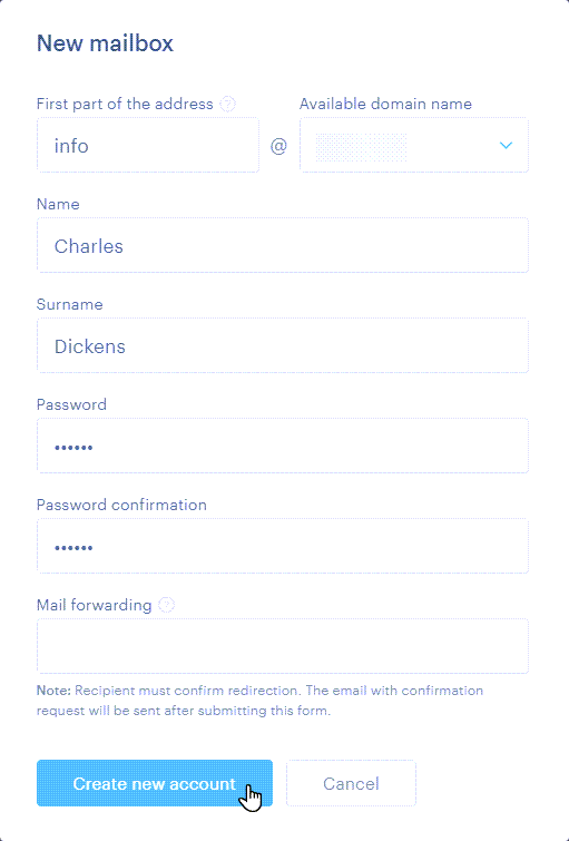 A form for setting up an email account with a domain name.
