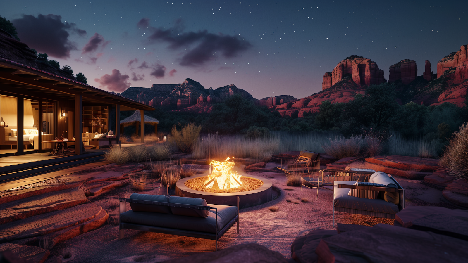 Cozy fire pit outside a luxury cabin in Sedona with red rock formations and a starry sky.