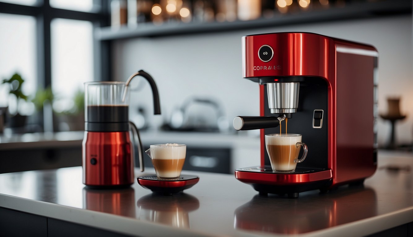A red 220V 3 Corações Touch coffee machine on a clean counter