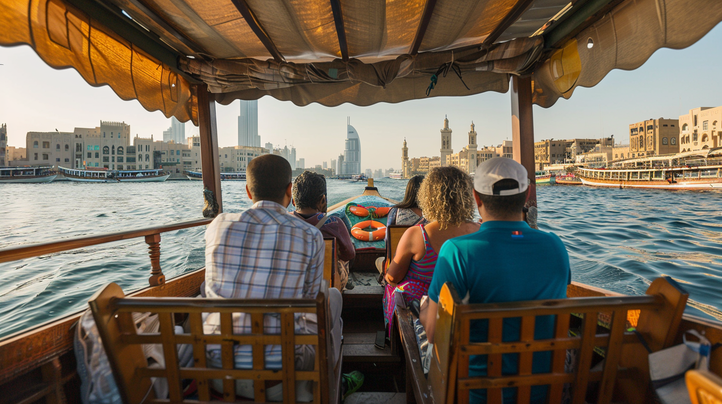 People on a boat ride with the buildings of Dubai in the background