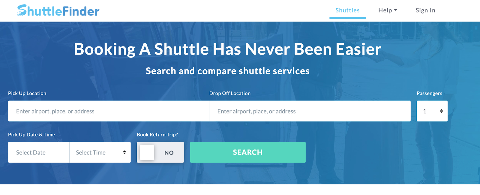 Shuttlefinder's booking homepage