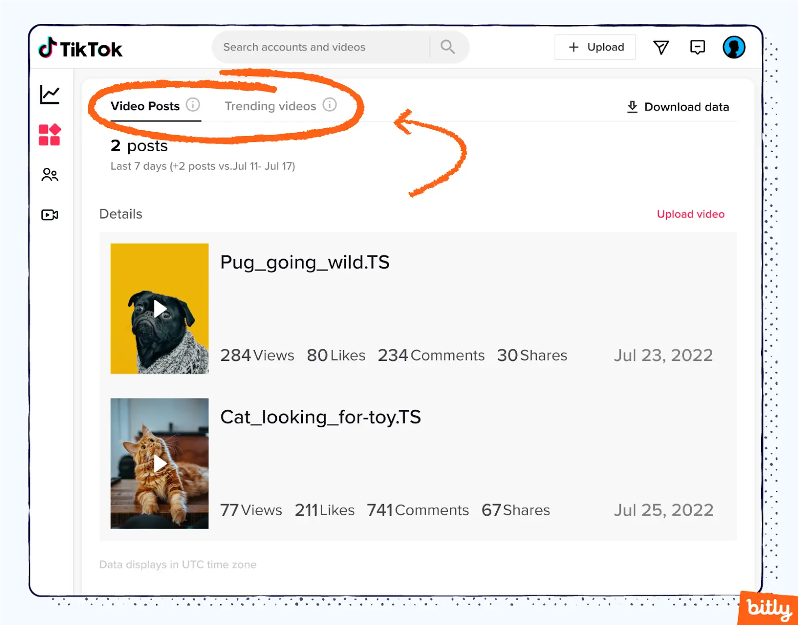 A screenshot highlighting where to find the 'video posts' and 'trending videos' sections in TikTok content analytics. 