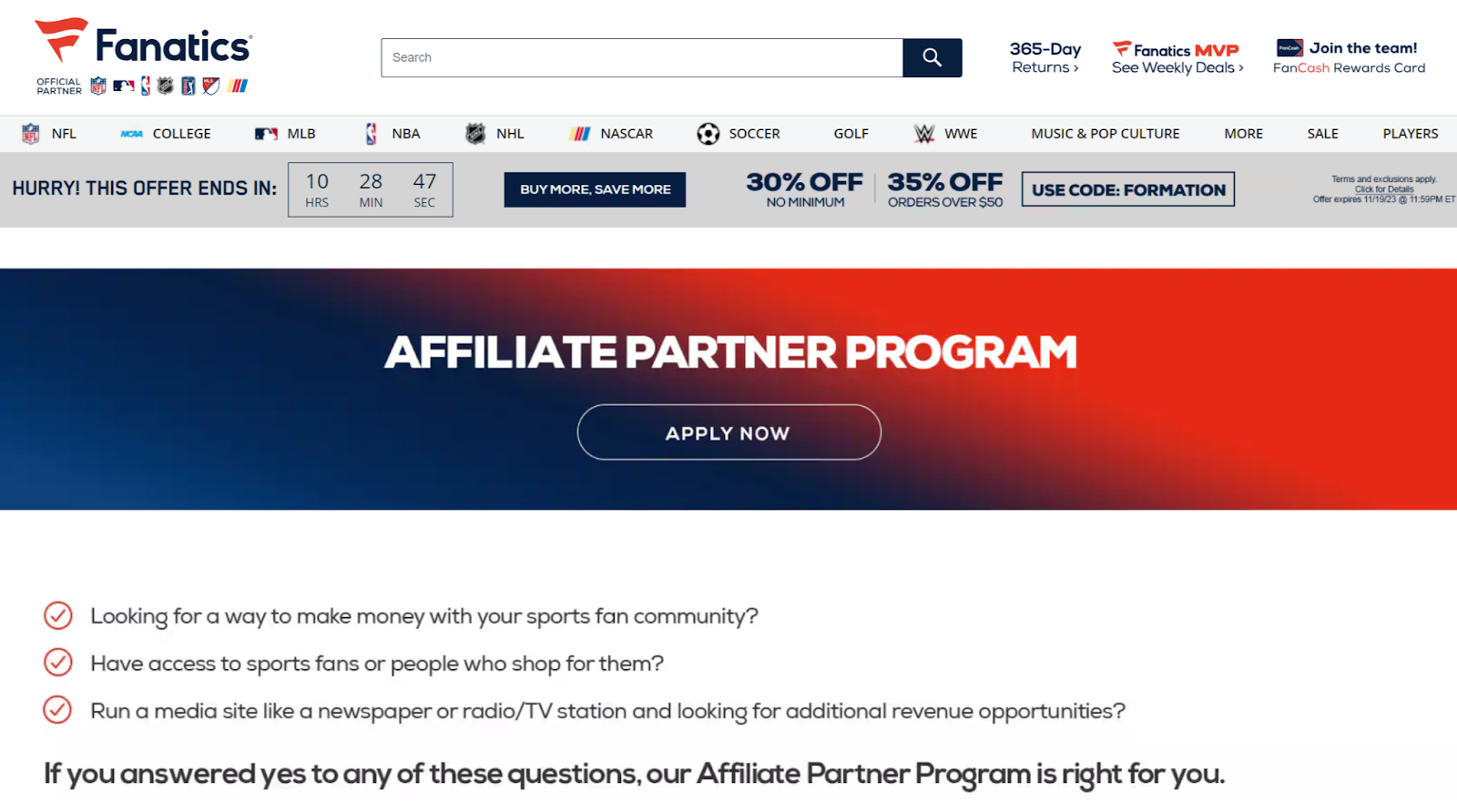 Fanatics affiliate program home page