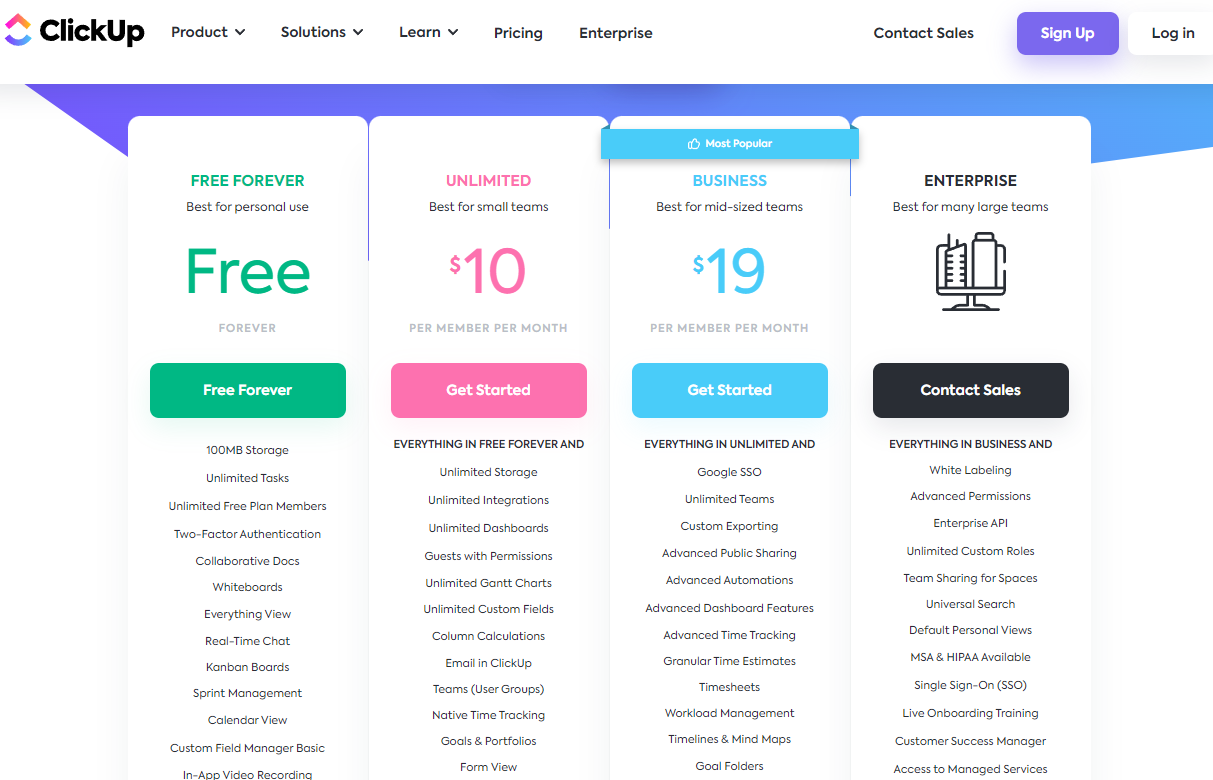 Pricing Plans for ClickUp