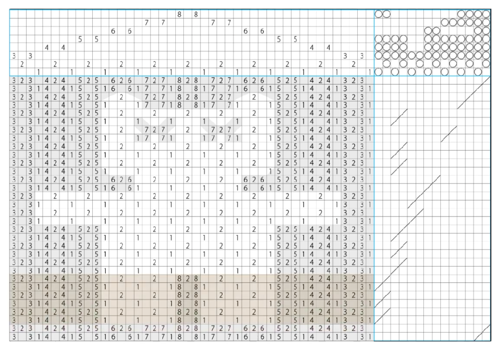 Image: [Fig.3.] Yu's "Teddy Bear" weaving draft with assigned notes. Many of the blocks have a number inside them between one and eight. The outline of the teddy bear is still distinct. Screenshot by Yunyao Que.