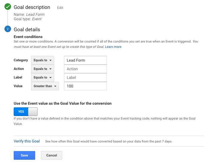 Setting up an “Event” goal in Google Analytics