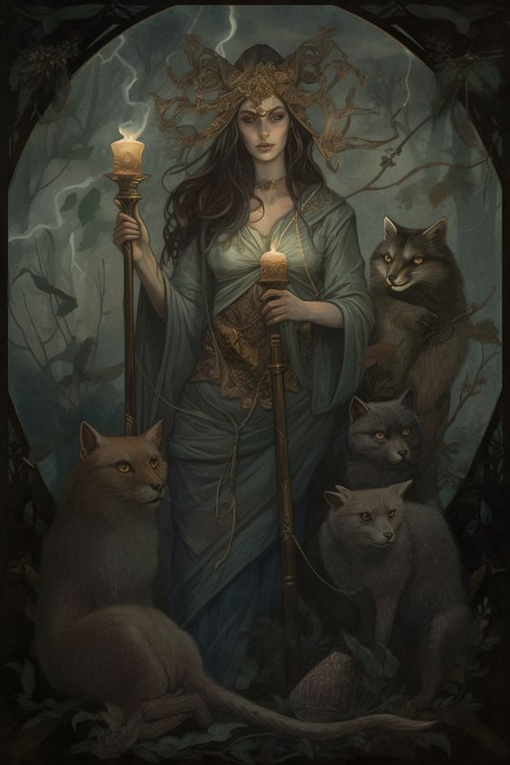 The subject of this composition is Hecate, who is attired in a refined sage-colored dress and is surrounded by her canine companions.
