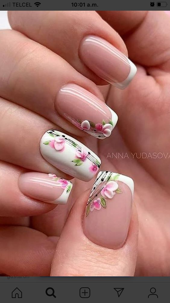 French Nail With Floral Nail Art