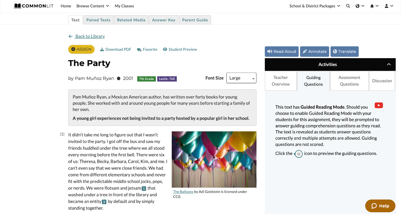 CommonLit lesson for “The Party” with the Guiding Questions tab highlighted.