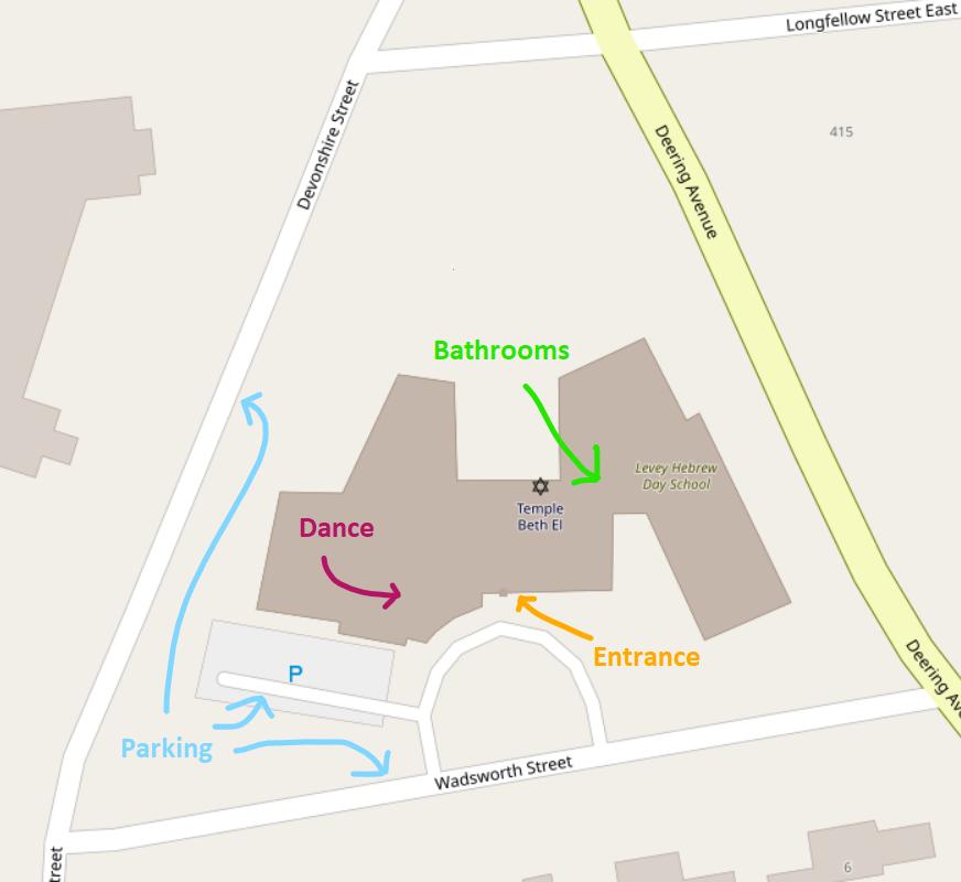A map showing parking, entrance, dance and bathroom locations at Temple Beth El.