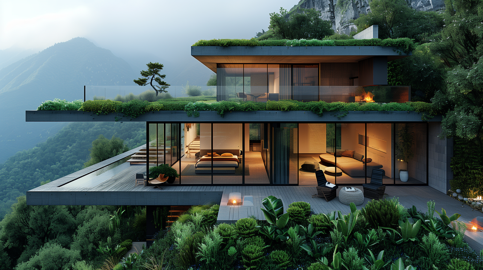 Cantilevered modern villa with glass walls and green roof, seamlessly blending into the mountainous landscape