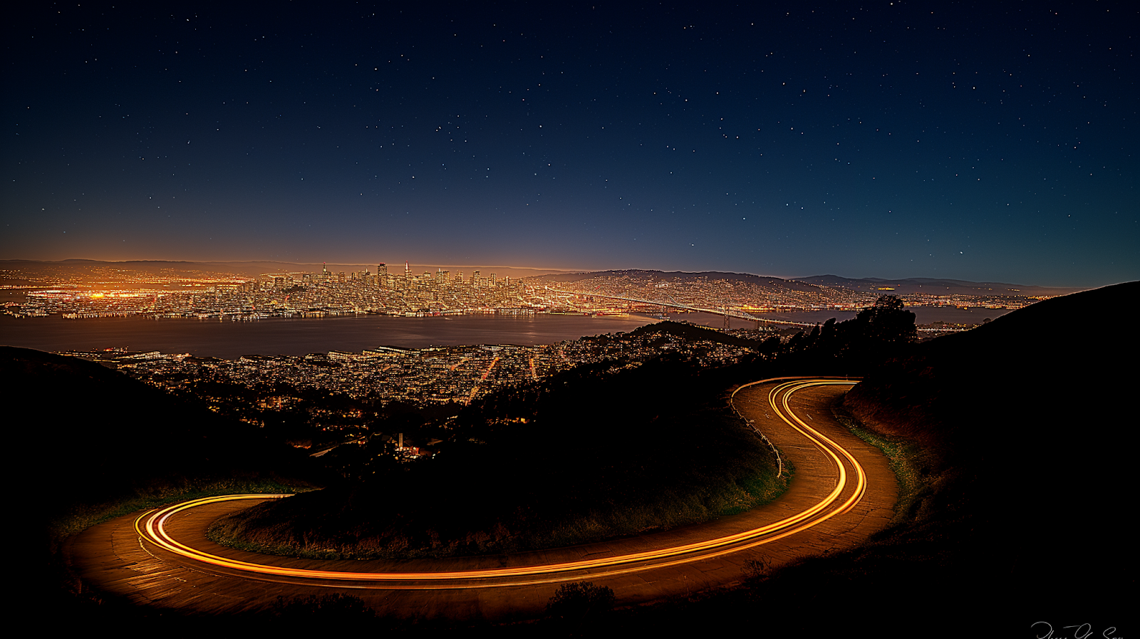 Twilight descends on San Francisco, viewed from the scenic vantage point of Twin Peaks.