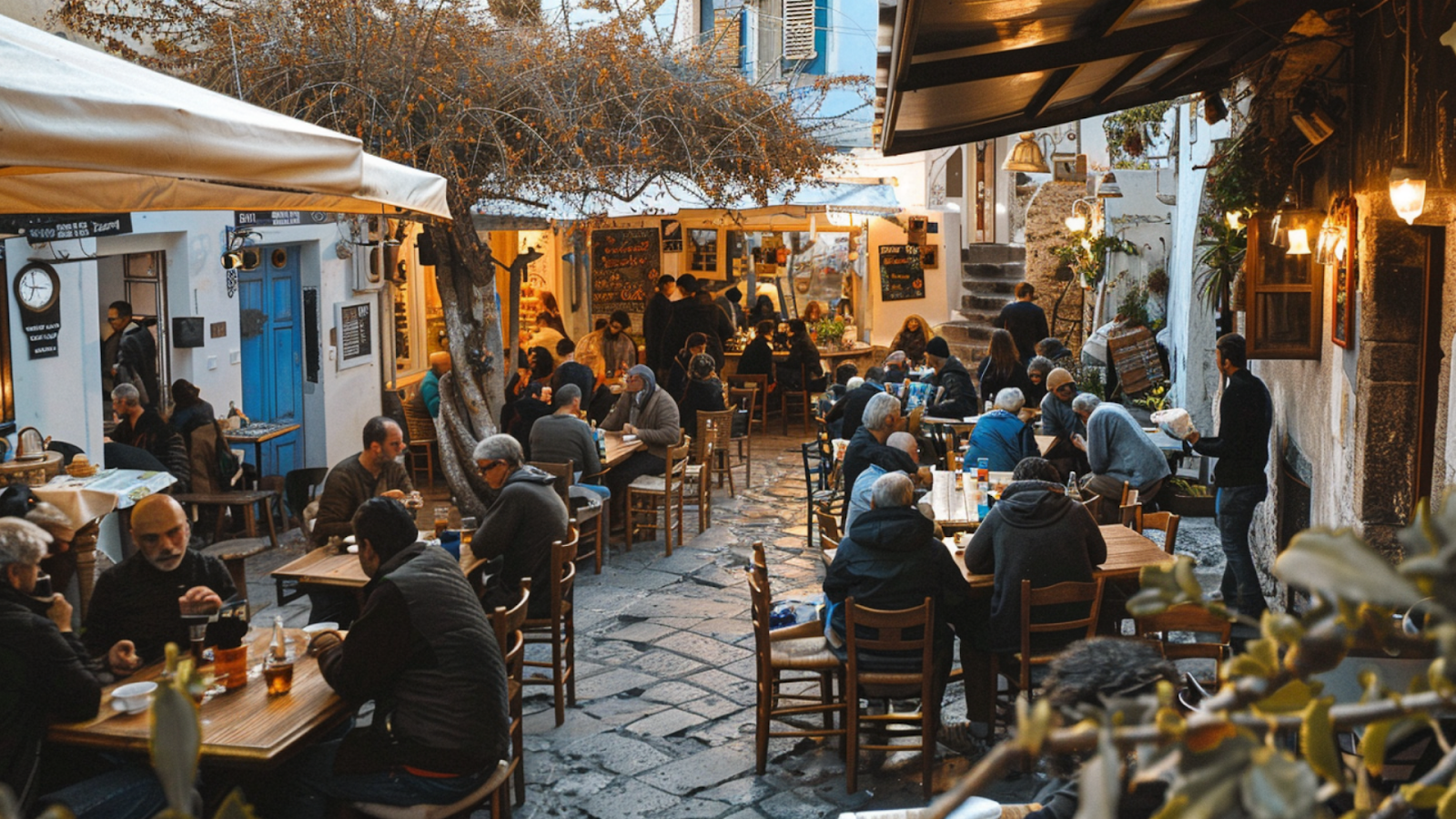 A cafe filled with patrons, a usual scenario discussed at off-season guides in Santorini