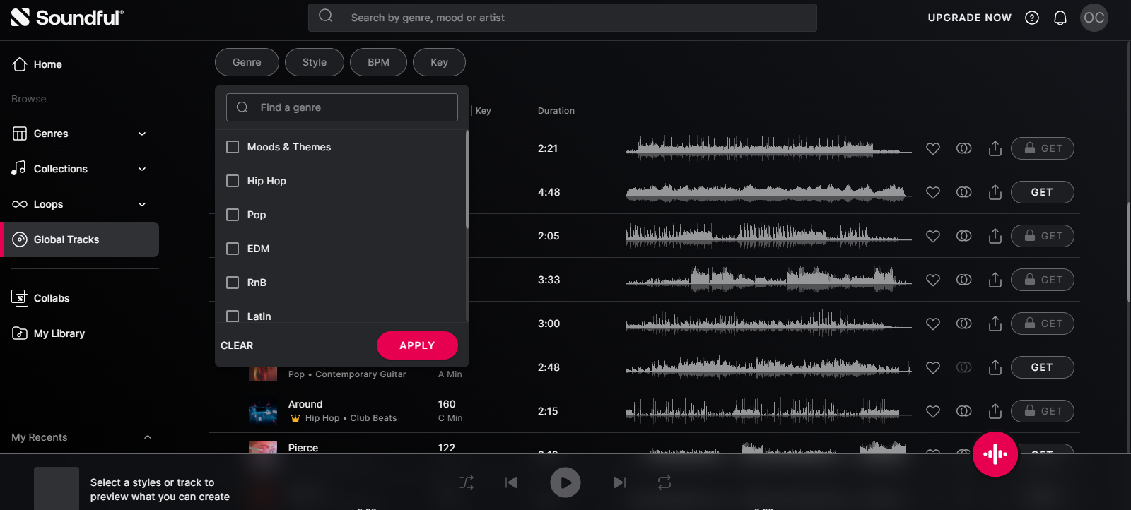 A screenshot of Soundful's Global tracks