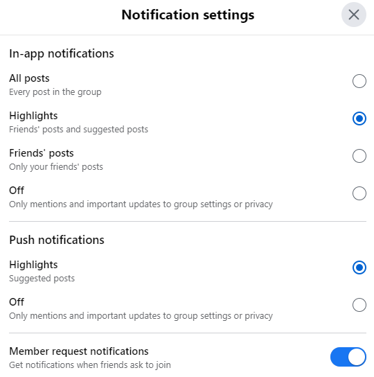 Notification settings facebook