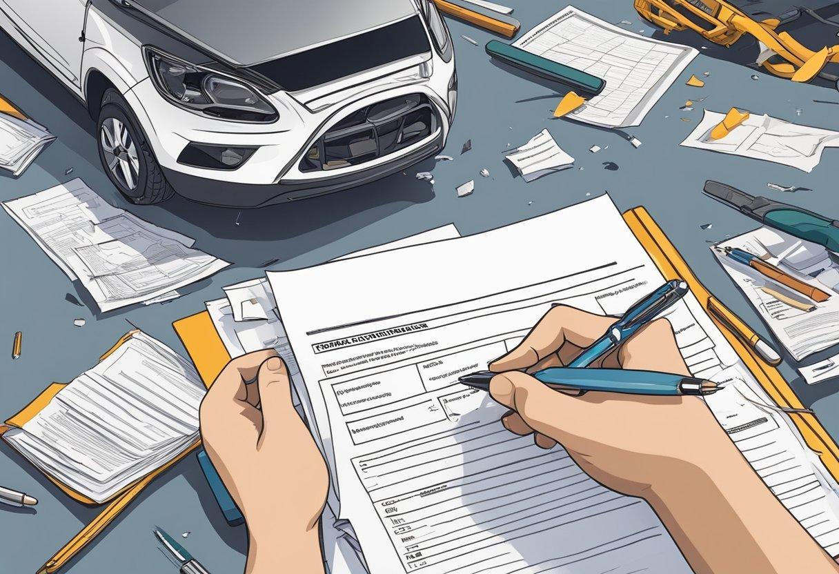 A person holding a pen and paper, documenting car damage and injuries. Legal documents and insurance forms scattered on a desk