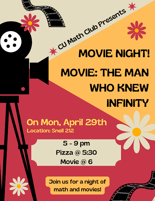 A flyer for the CU math club movie night on april 29th, 2024