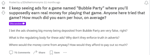 A person on Reddit asking others for their experience playing Bubble Party. 