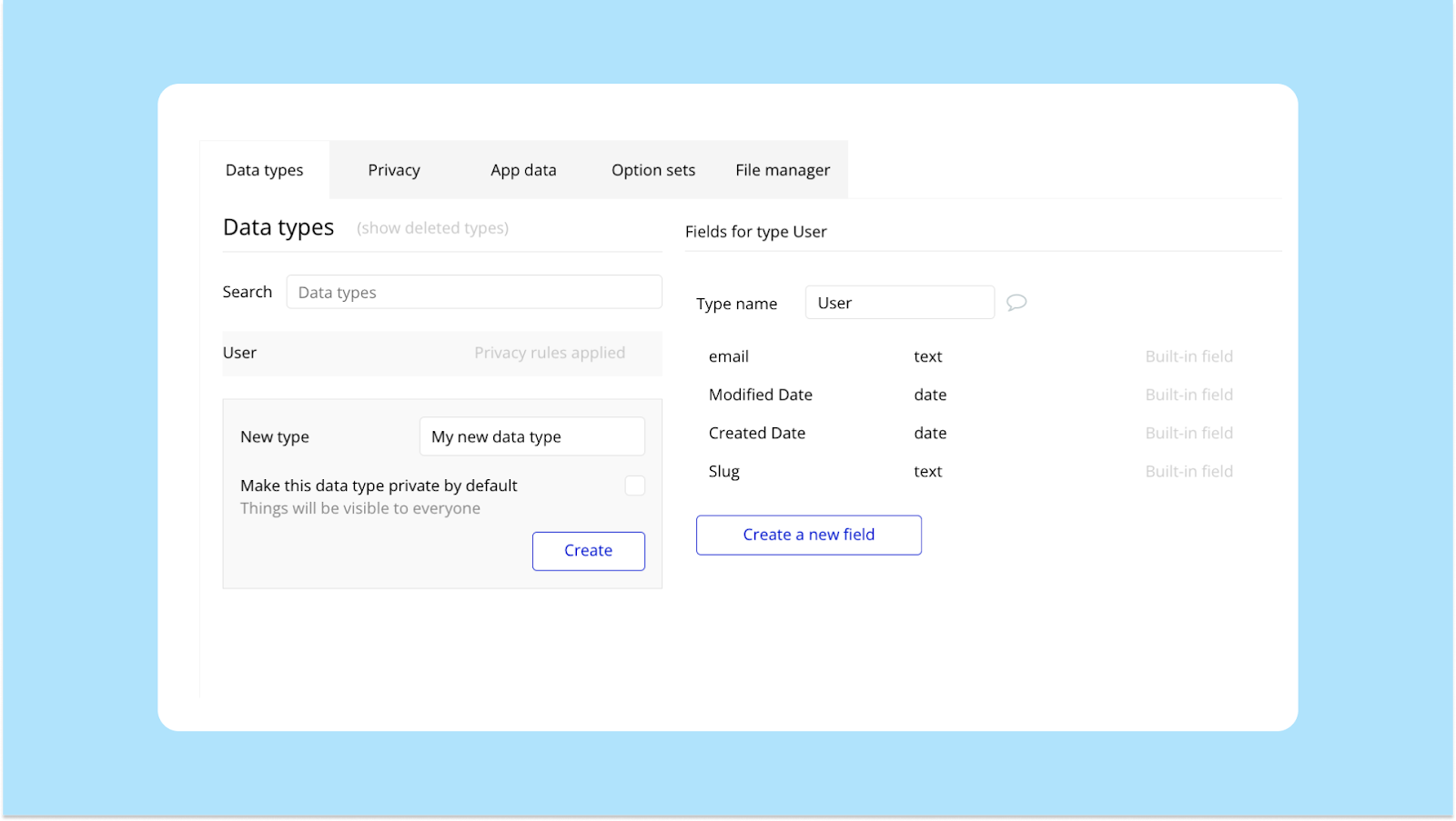 A screenshot of the data types tab in the Bubble editor.