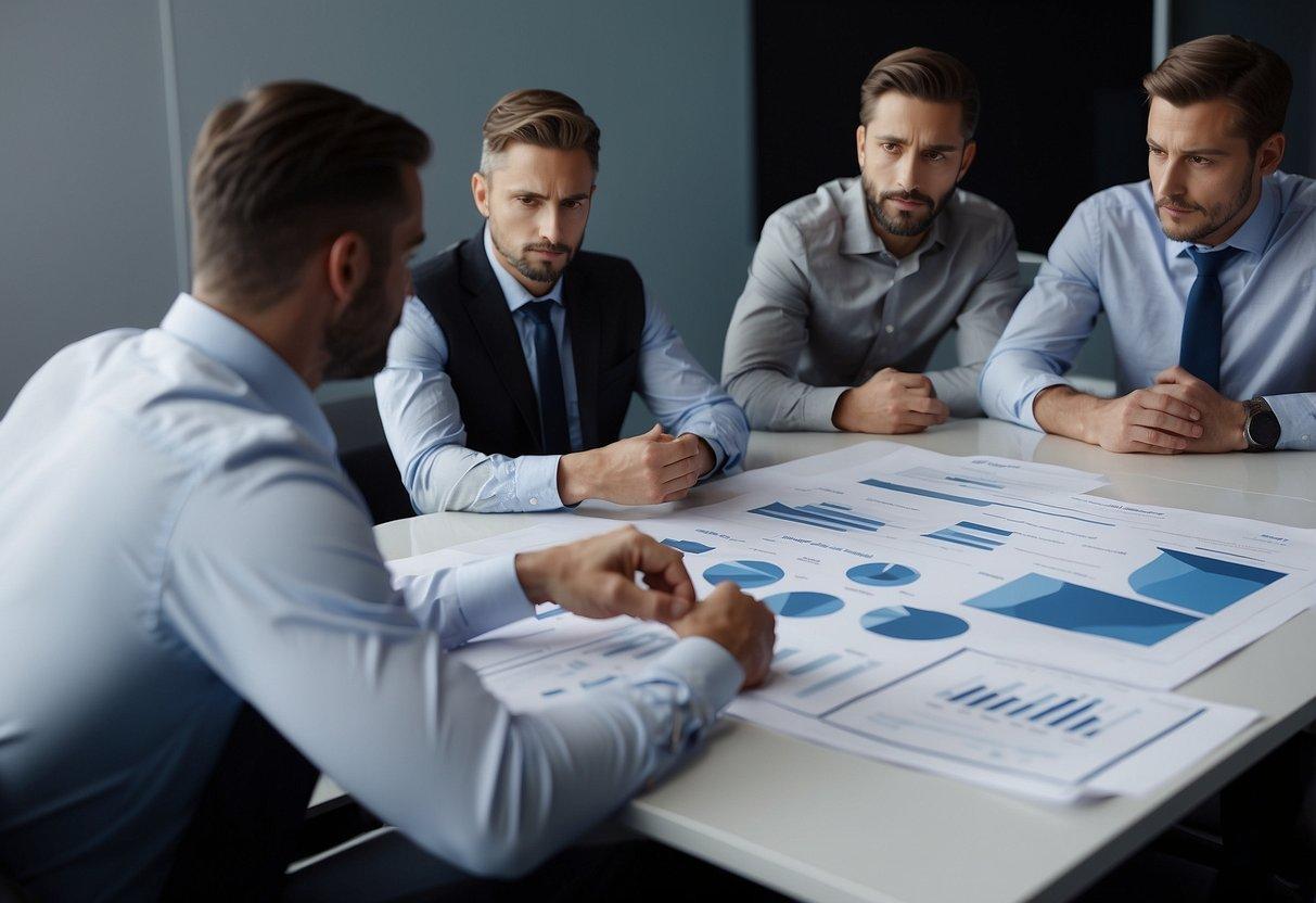 Managers sit at a table, reviewing documents and discussing performance metrics. A chart on the wall displays key indicators