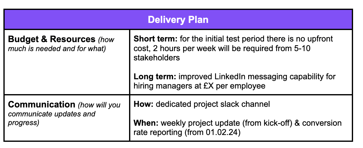 A completed version of the business case document covering the delivery plan.