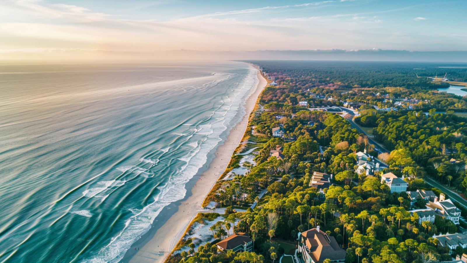 A drone shot capturing the expansive coast of Palmetto Dunes.