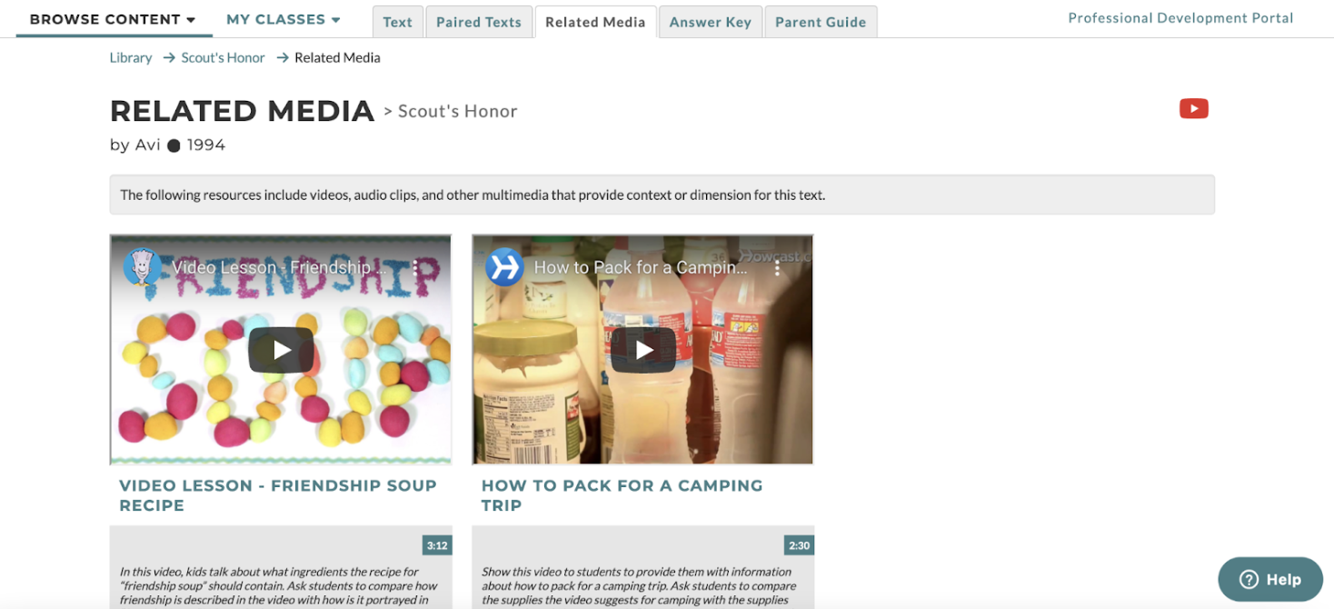 Screenshot of the related media tab for a short adventure story called “Scout’s Honor.”