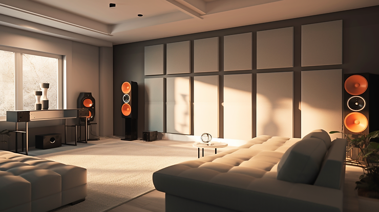 Image showcasing the strategic placement of flat acoustic panels in a home theater, improving sound control and audio precision